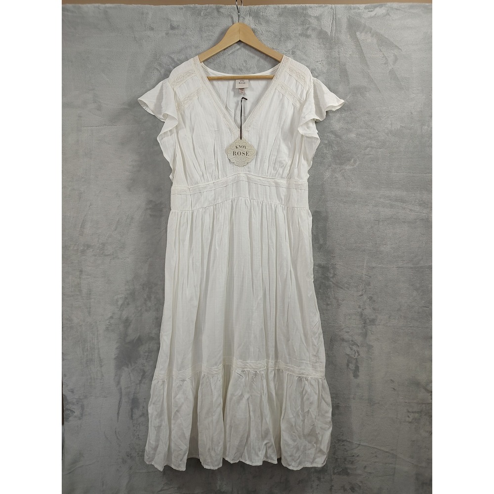Knox Rose White Boho Midi Dress XXL V-Neck Flutter Sleeve Lace Trim Smocked Back